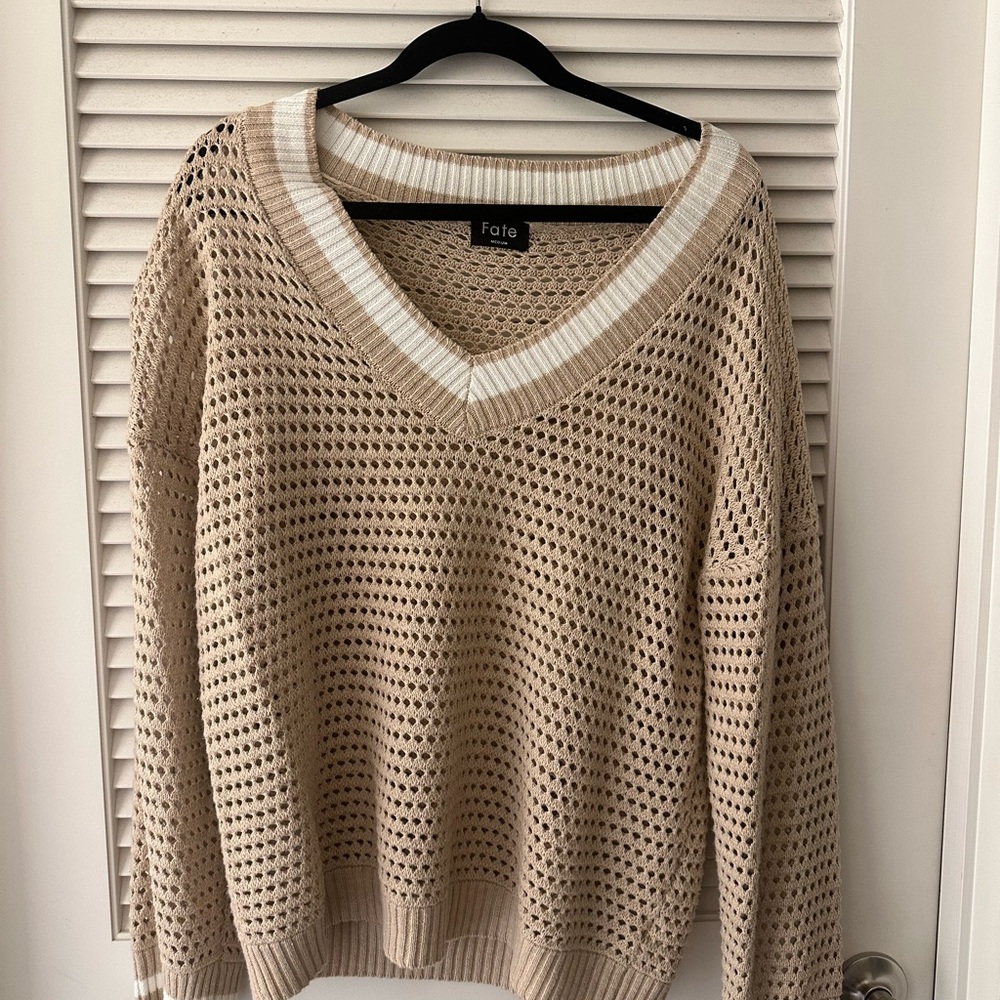 Fate Women's Tan V-Neck Open-Knit Sweater